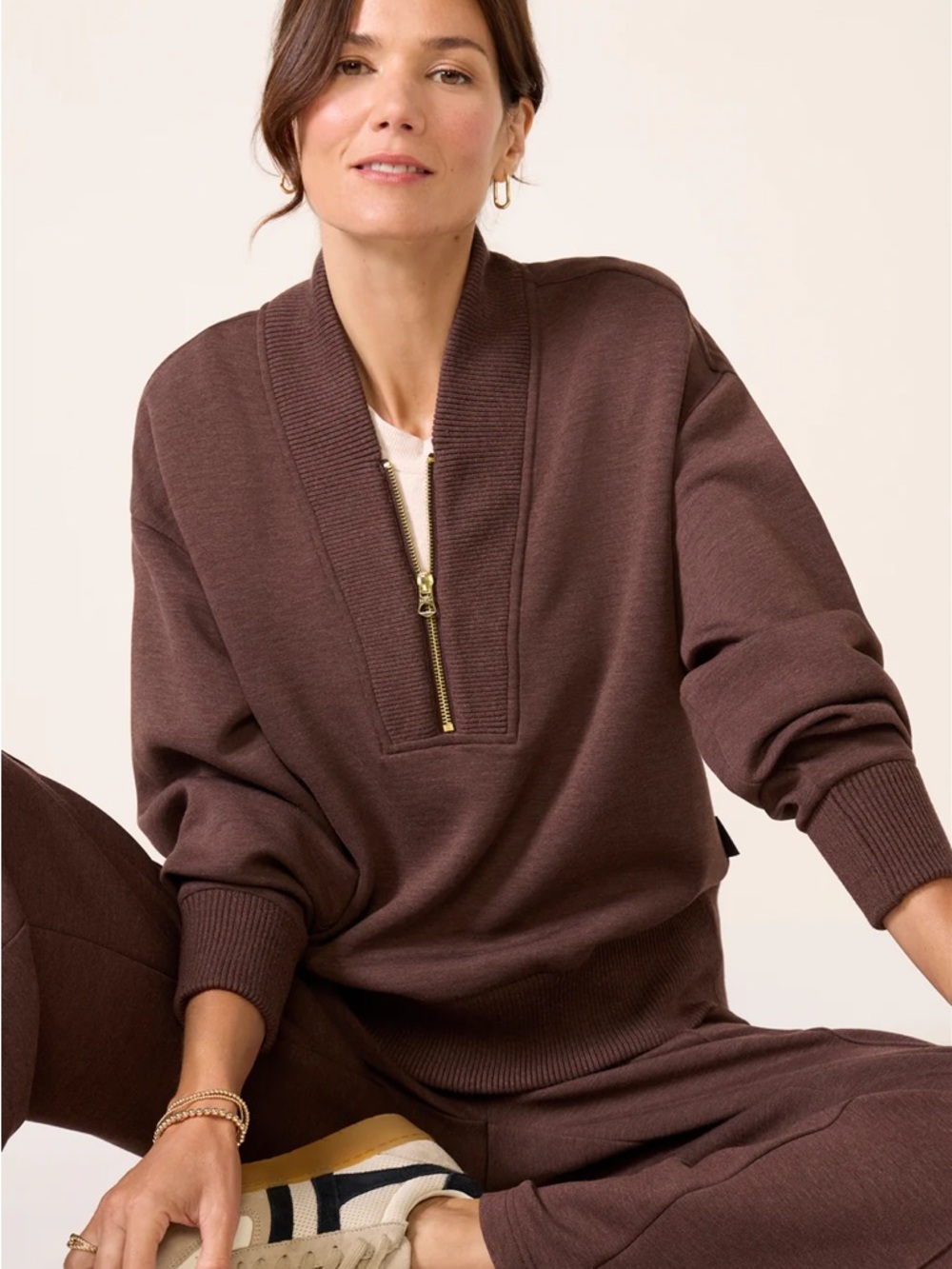Varley Sally Half-Zip Pullover Sweat in Coffeebean Marl Brown